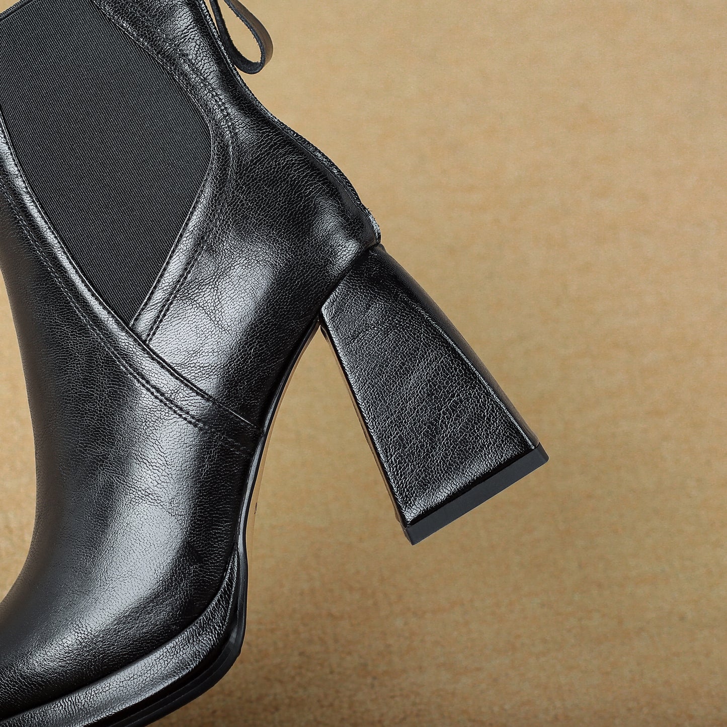 TinaCus Genuine Leather & Elastic Fabric Women's Square Toe Handmade Platform High Heels Zip up Ankle Boots