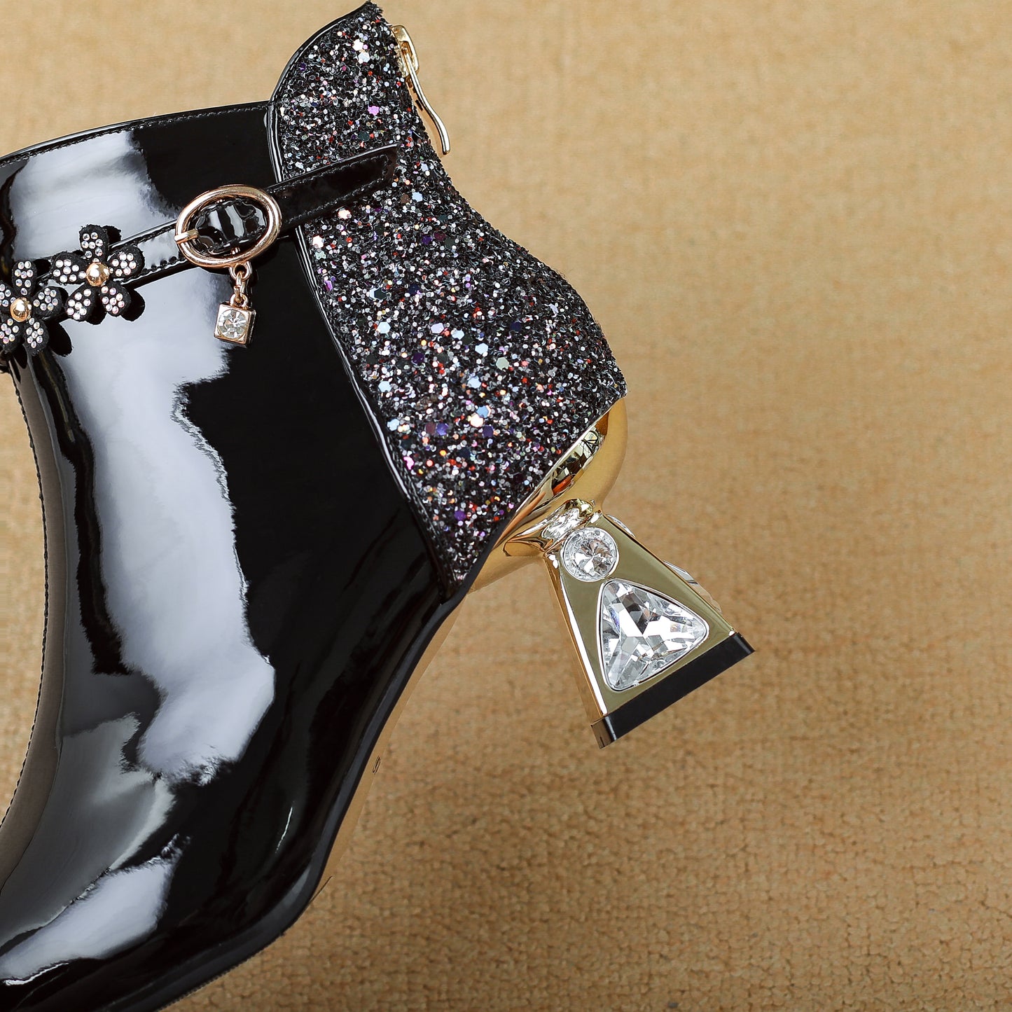 TinaCus Handmade Flowers Women's Ankle Boots Genuine Leather Pointed Toe Mid Heels Zip up Glittery Booties