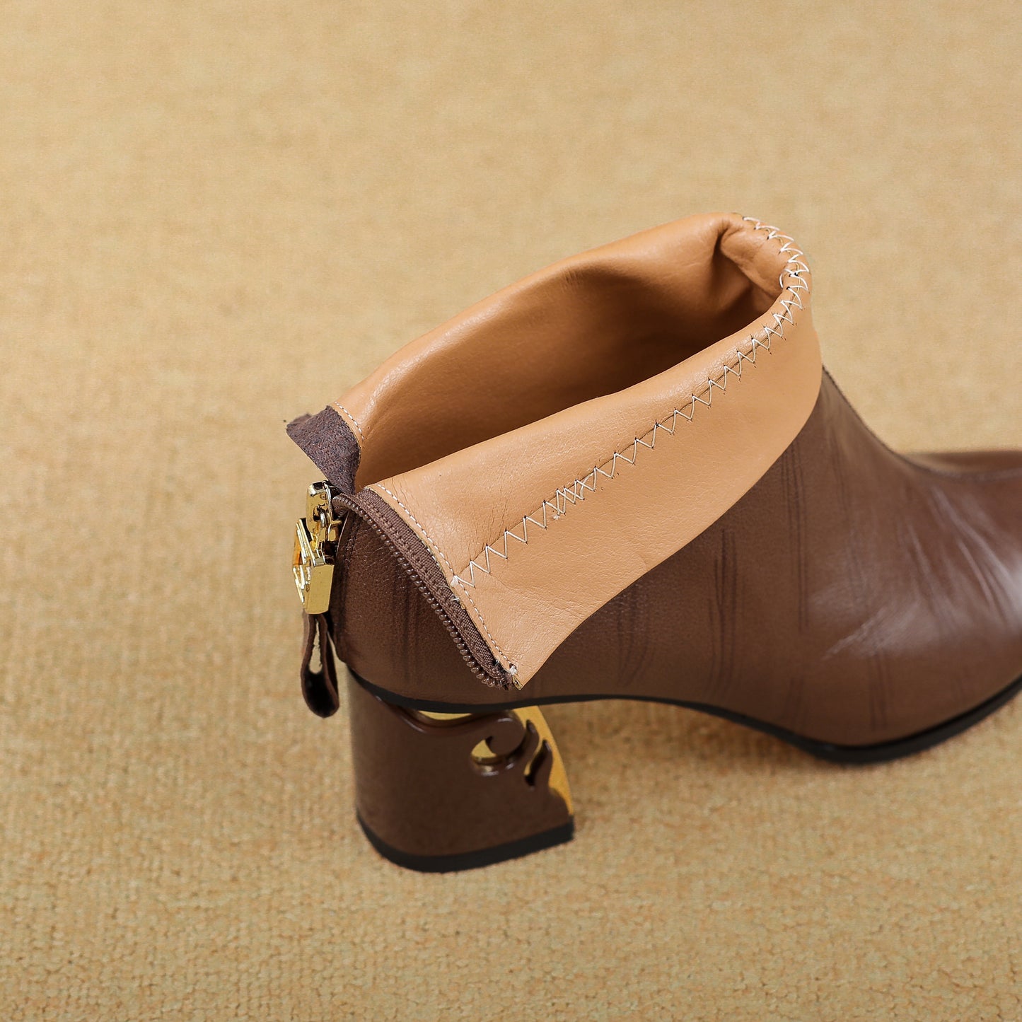 TinaCus Genuine Leather Mid Chunky Heels Ankle Boots Women's Pointed Toe Handmade Back Zipper