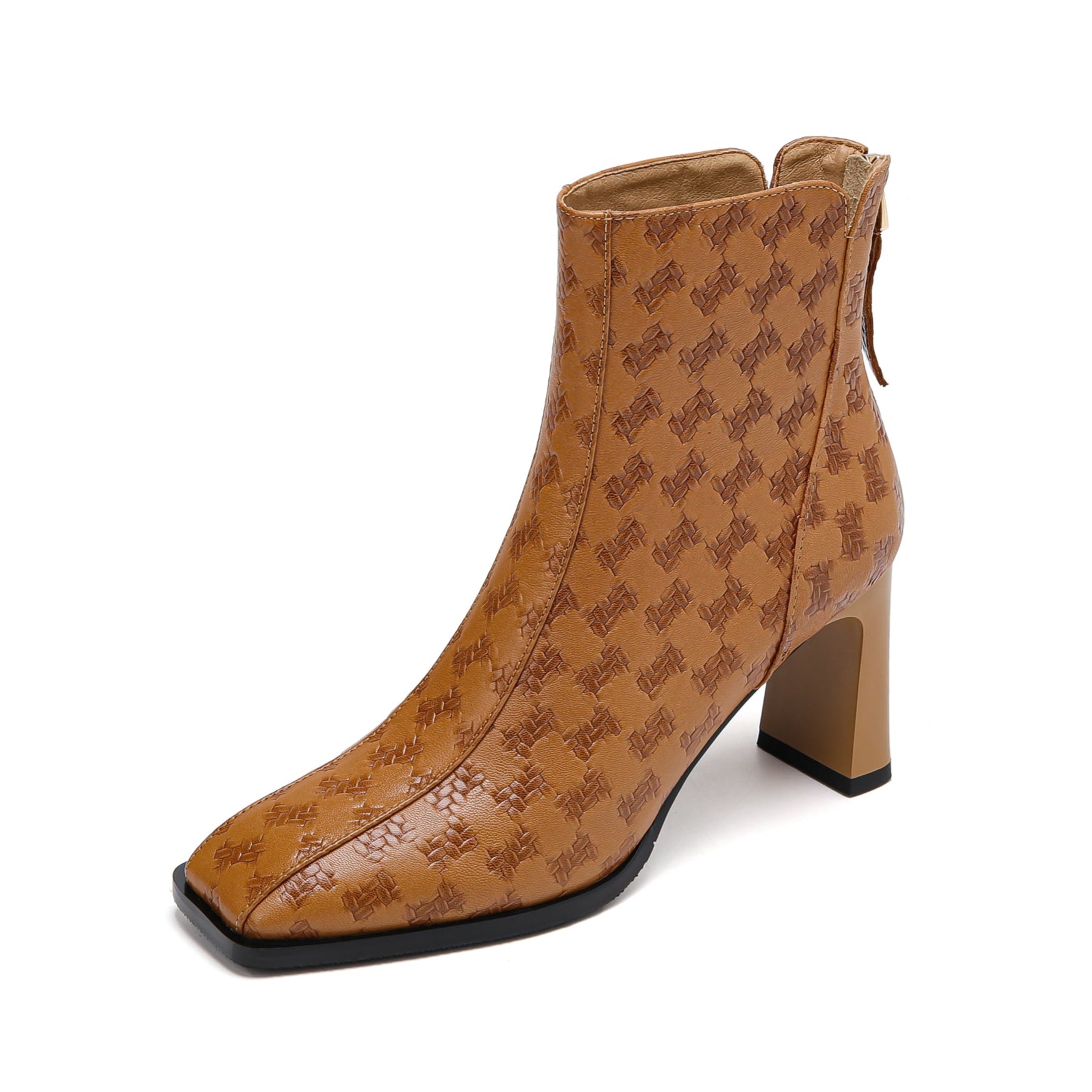 TinaCus Women's Genuine Leather Chunky Heel Booties – Square Toe, Side Zipper, Handmade