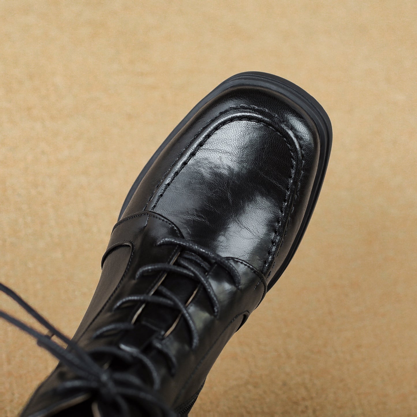 TinaCus Genuine Leather Platform Chunky Heels Ankle Boots Handmade Zipper & Selftie Women's Square Toe Booties