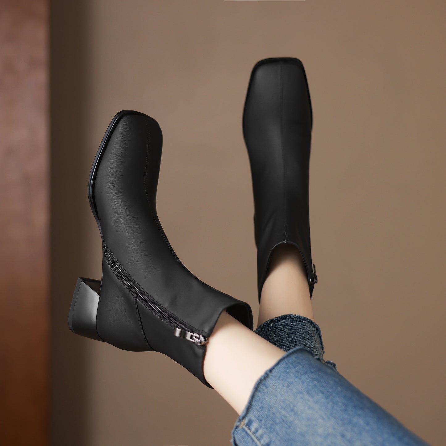 TinaCus Women's Genuine Leather Handmade Side Zipper Square Toe Block Low Heel Ankle Booties