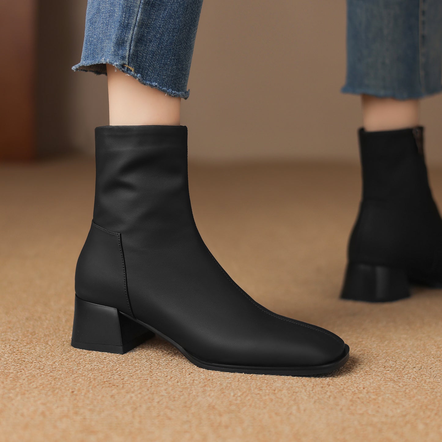 TinaCus Women's Genuine Leather Handmade Side Zipper Square Toe Block Low Heel Ankle Booties