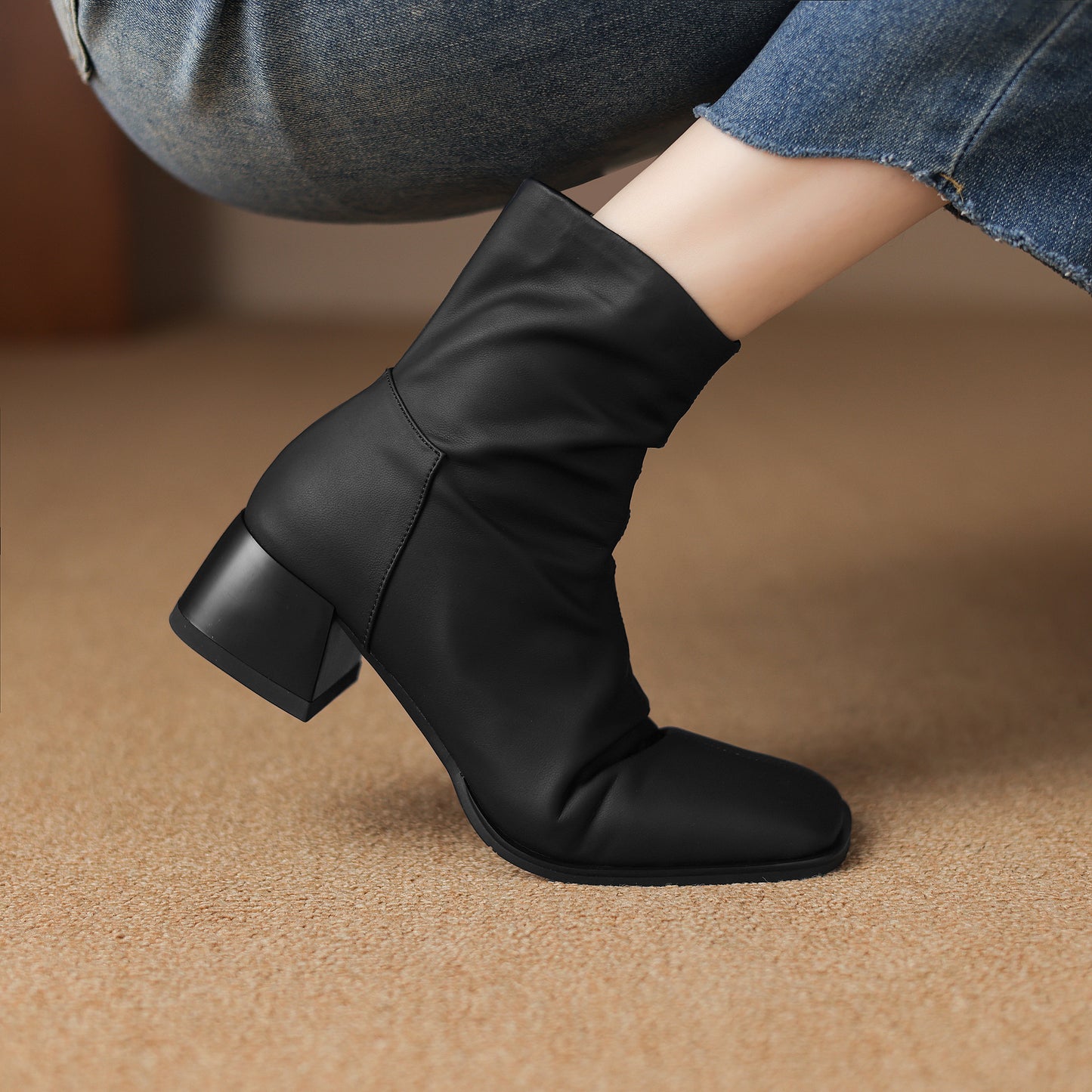 TinaCus Women's Genuine Leather Handmade Side Zipper Square Toe Block Low Heel Ankle Booties