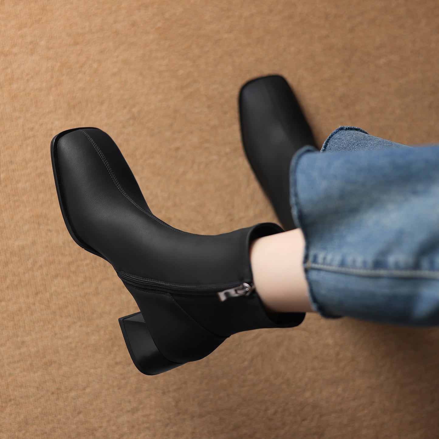 TinaCus Women's Genuine Leather Handmade Side Zipper Square Toe Block Low Heel Ankle Booties