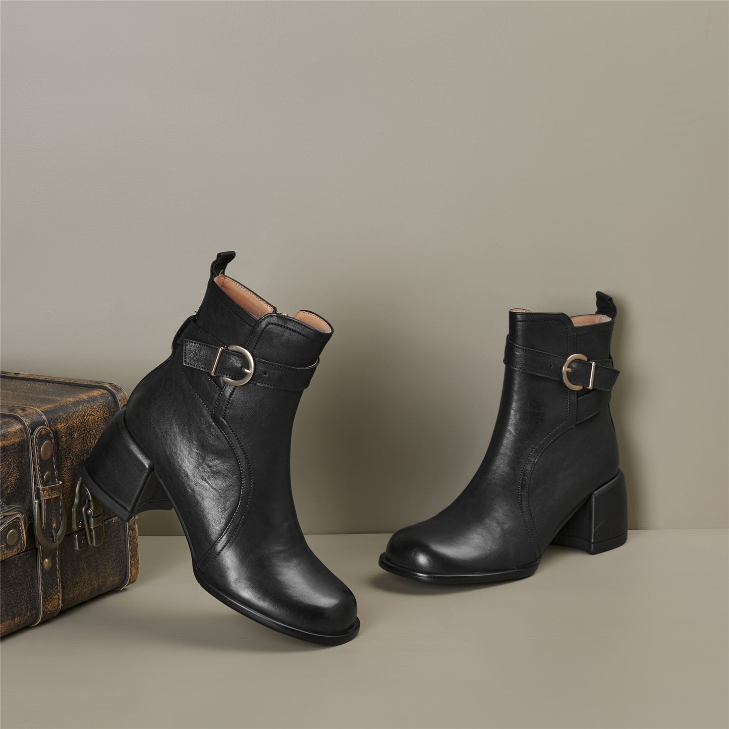 TinaCus Women's Genuine Leather Modern Buckle Handmade Chunky Heel Side Zip Ankle Boots