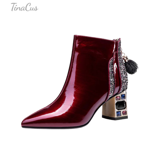 TinaCus Women's Patent Leather Handmade Crystal Mid Chunky Heel Back Zipper Pointed Toe Plus-Size Ankle Boots