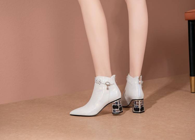 TinaCus Handmade Genuine Leather Crystal-Heel Leather Ankle Boots