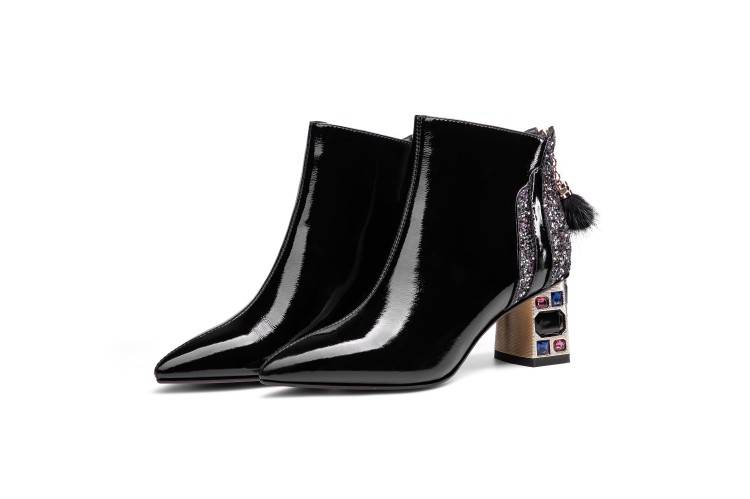 TinaCus Women's Patent Leather Handmade Crystal Mid Chunky Heel Back Zipper Pointed Toe Plus-Size Ankle Boots