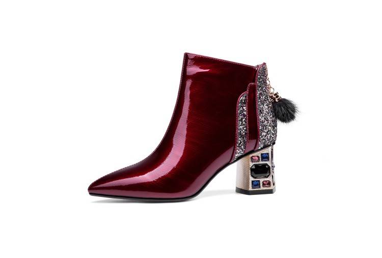 TinaCus Women's Patent Leather Handmade Crystal Mid Chunky Heel Back Zipper Pointed Toe Plus-Size Ankle Boots