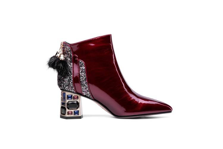 TinaCus Women's Patent Leather Handmade Crystal Mid Chunky Heel Back Zipper Pointed Toe Plus-Size Ankle Boots