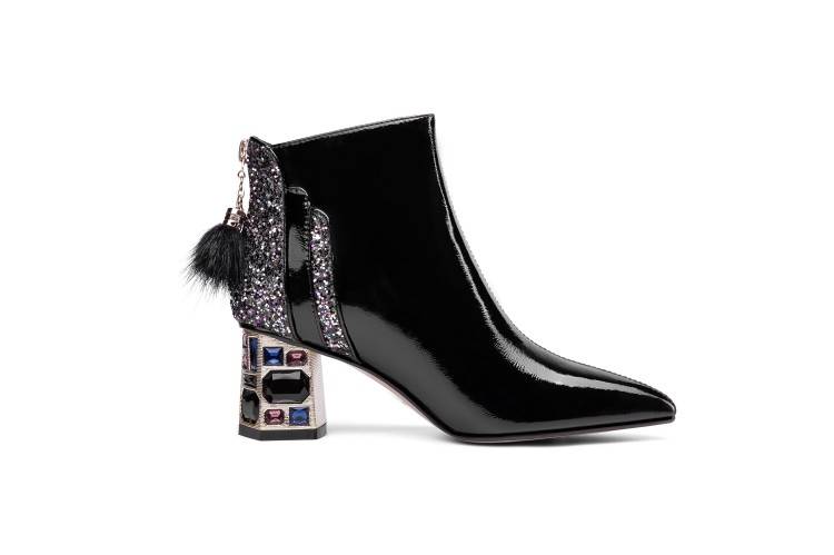 TinaCus Women's Patent Leather Handmade Crystal Mid Chunky Heel Back Zipper Pointed Toe Plus-Size Ankle Boots