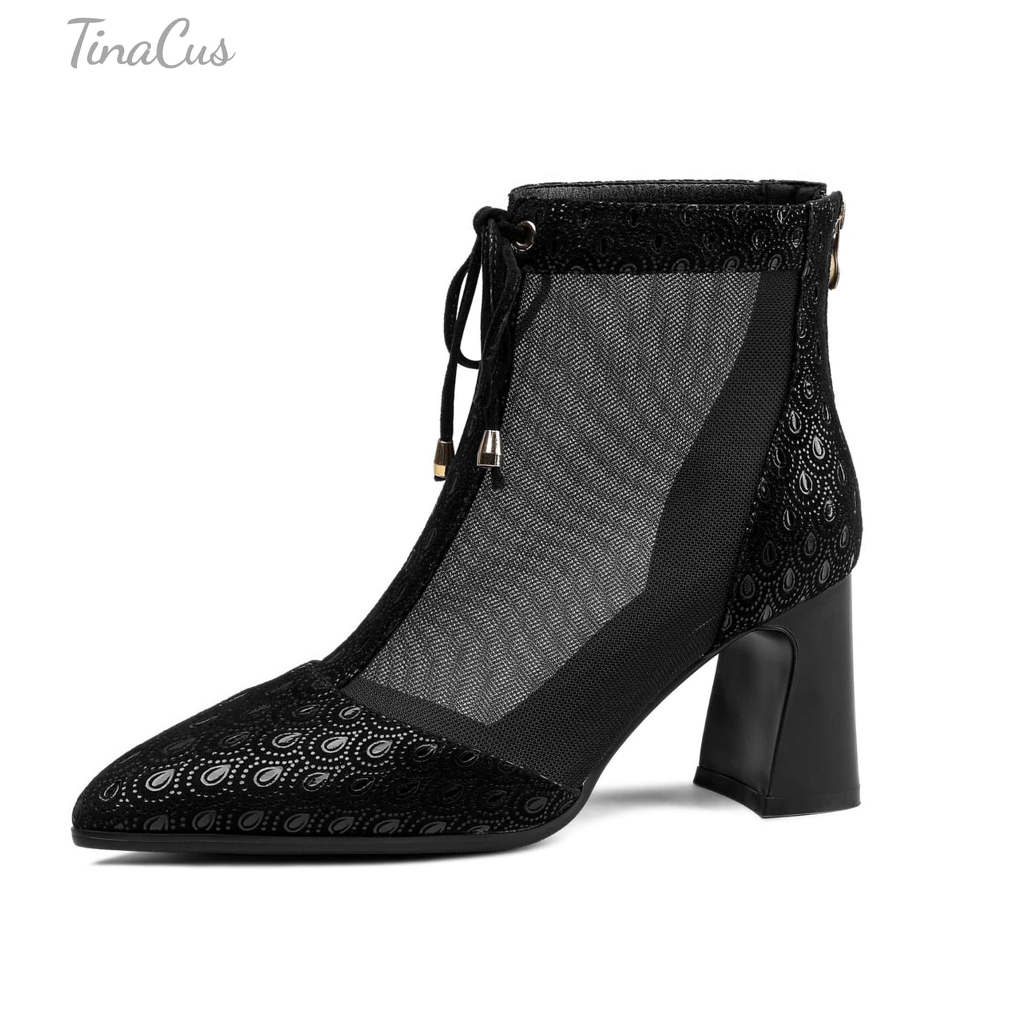 TinaCus Women's Pointed Toe Handmade Lace Up Ankle Boots Printed Genuine Leather & Mesh, Back Zipper, Mid Chunky Heels