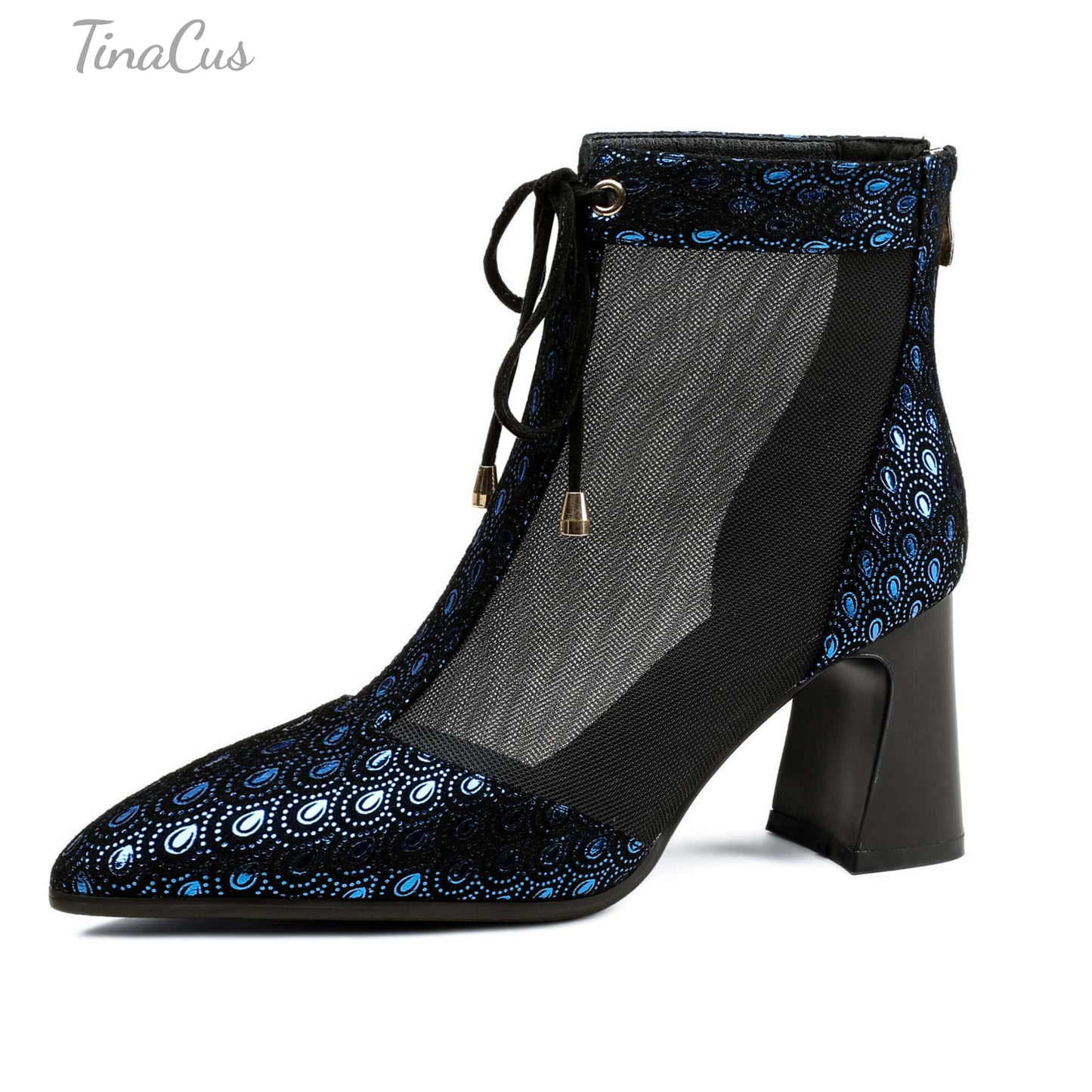 TinaCus Women's Pointed Toe Handmade Lace Up Ankle Boots Printed Genuine Leather & Mesh, Back Zipper, Mid Chunky Heels