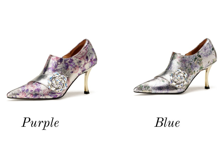TinaCus Women's Genuine Leather Rhinestone Rose Metallic Floral Pointed Toe Handmade Stiletto Heel Dress Pumps