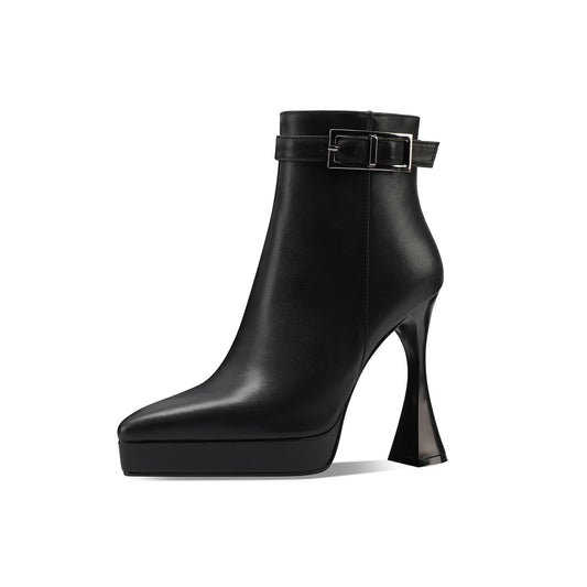 TinaCus Women's Genuine Leather Buckle High Heel Zip Up Pointed Toe Handmade Ankle Boots with Platform