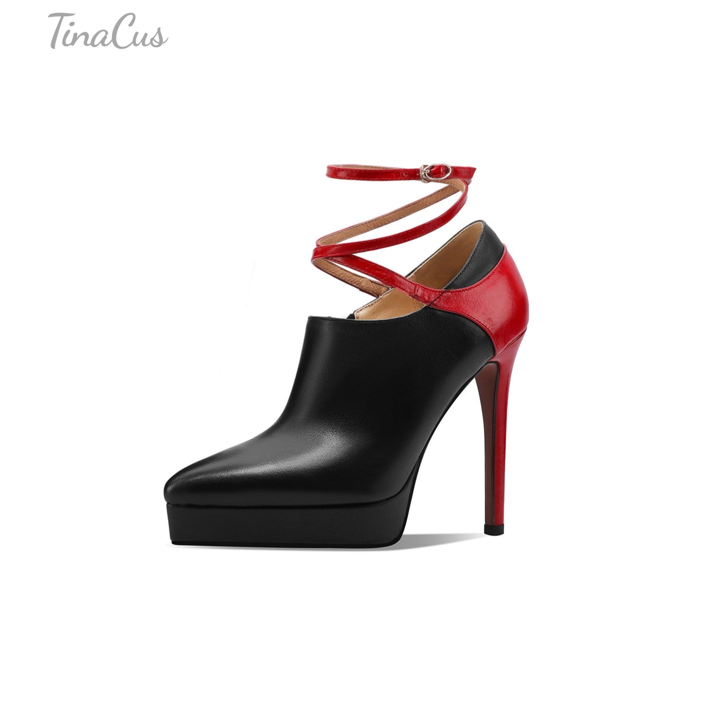 TinaCus Women's Pointed Toe Handmade Ankle Strap Buckle Platform Stiletto High Heels Zip Up Genuine Leather Pumps