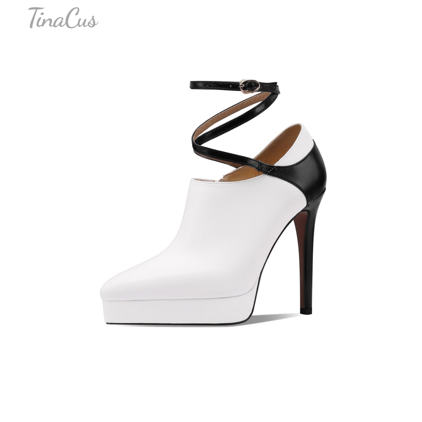 TinaCus Women's Pointed Toe Handmade Ankle Strap Buckle Platform Stiletto High Heels Zip Up Genuine Leather Pumps