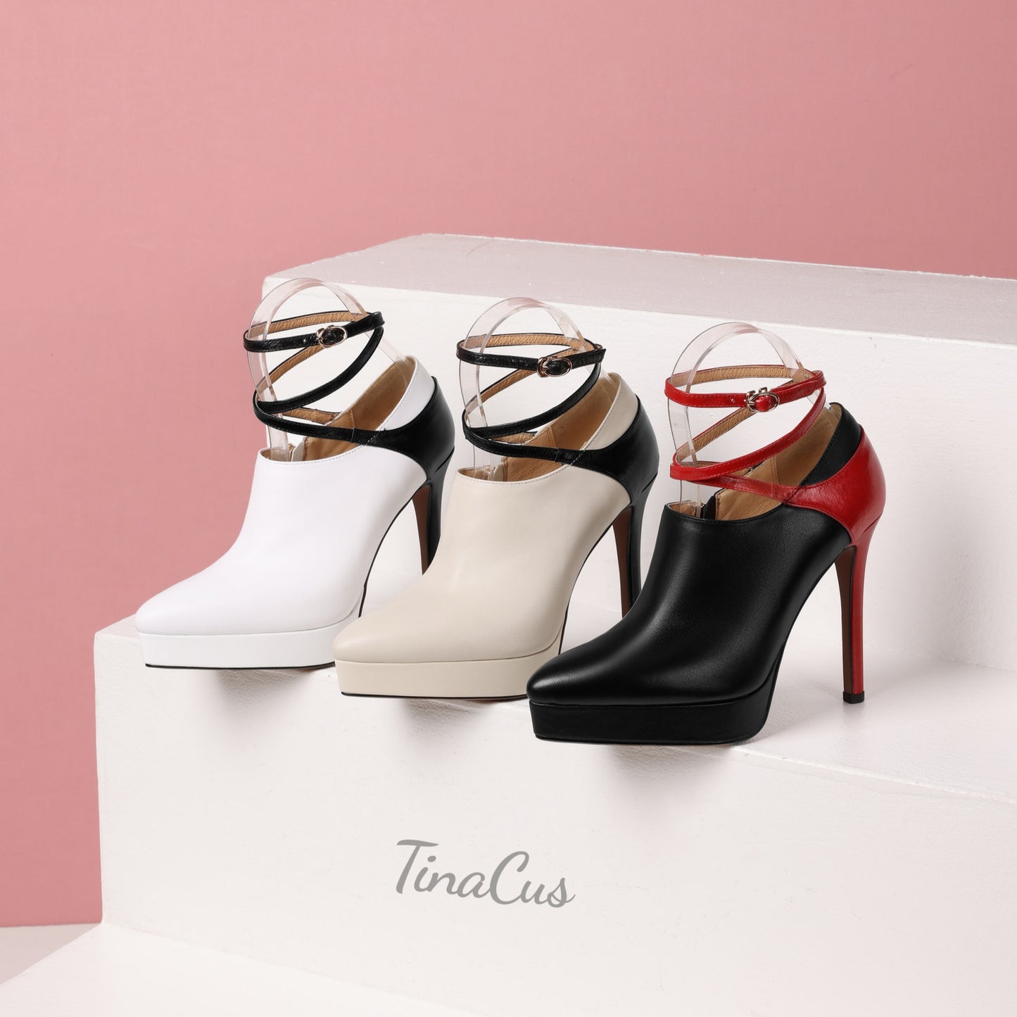 TinaCus Women's Pointed Toe Handmade Ankle Strap Buckle Platform Stiletto High Heels Zip Up Genuine Leather Pumps