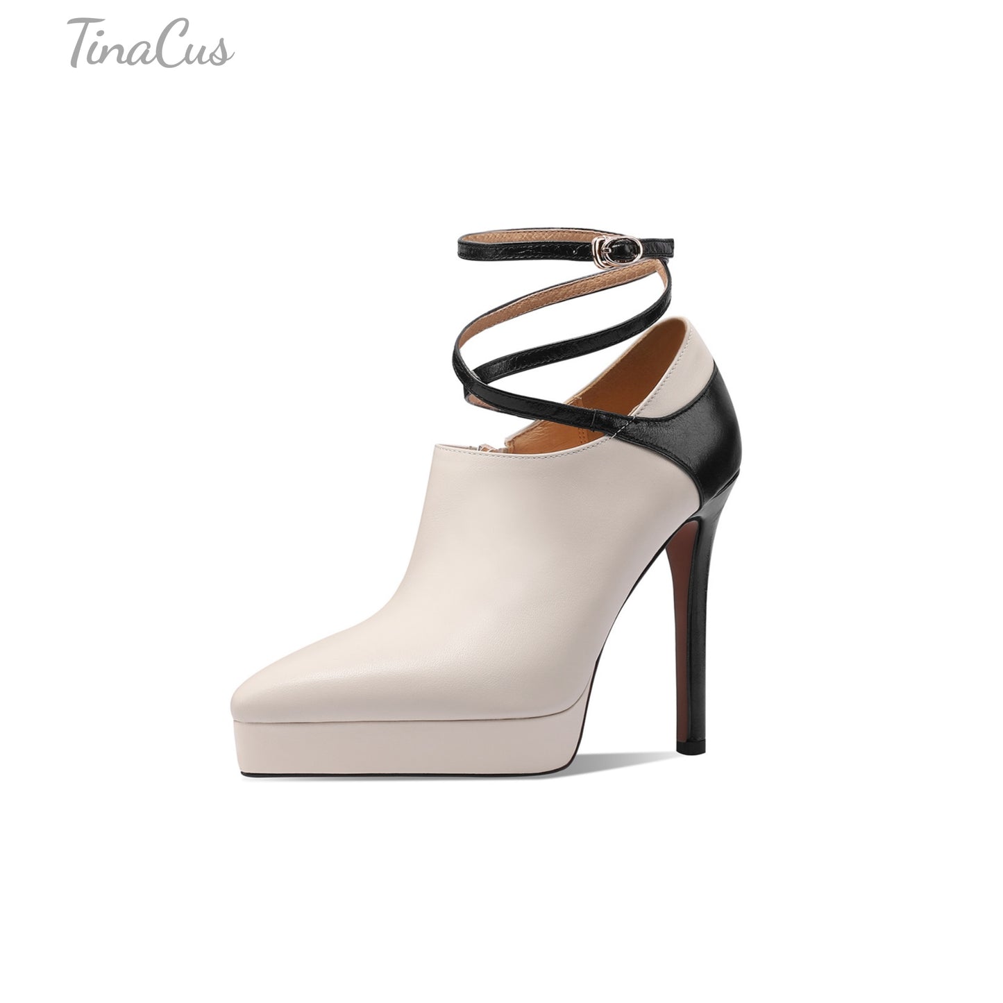 TinaCus Women's Pointed Toe Handmade Ankle Strap Buckle Platform Stiletto High Heels Zip Up Genuine Leather Pumps