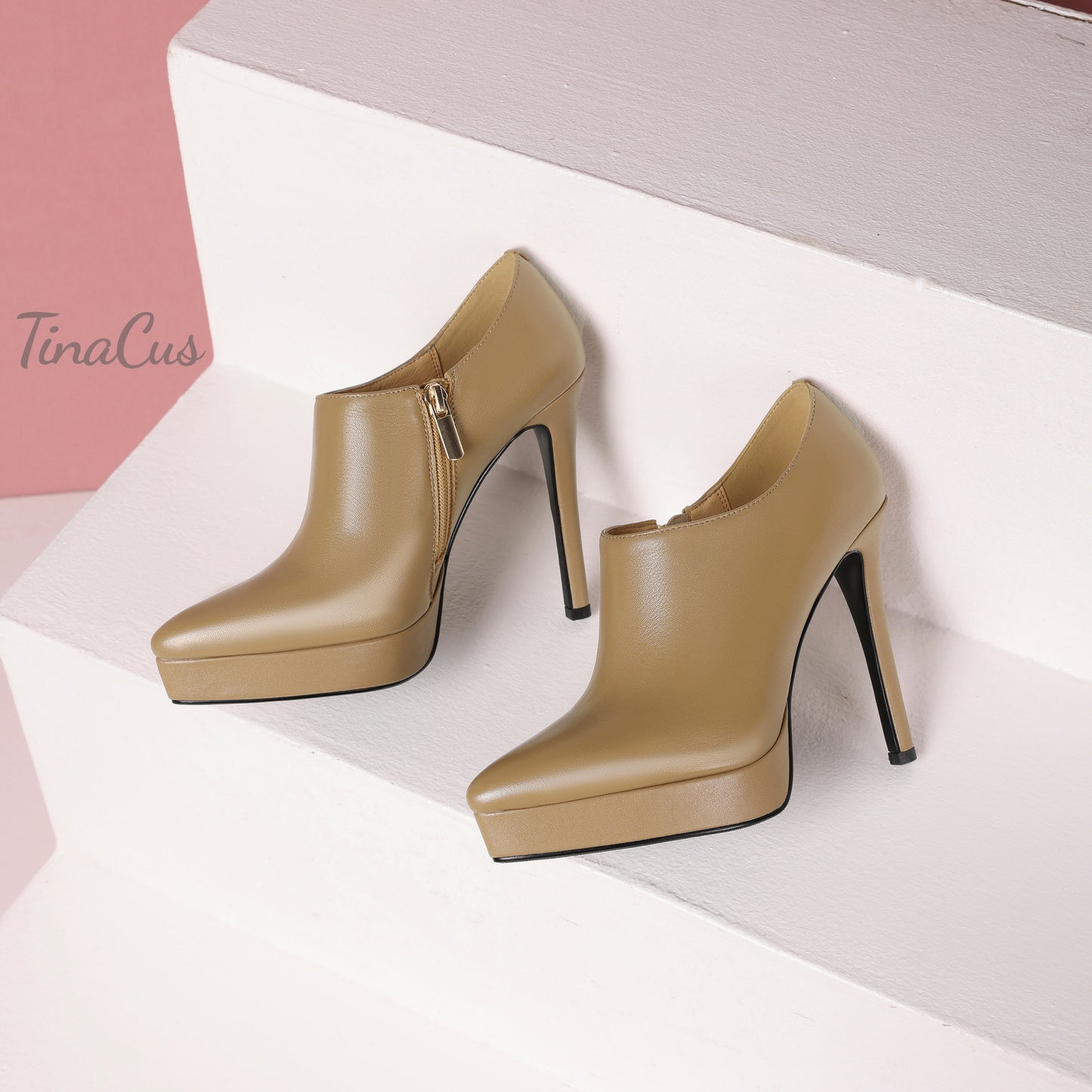 TinaCus Women's Pointed Toe Handmade Platform Stiletto High Heels Genuine Leather Zip Up Pumps Shoes