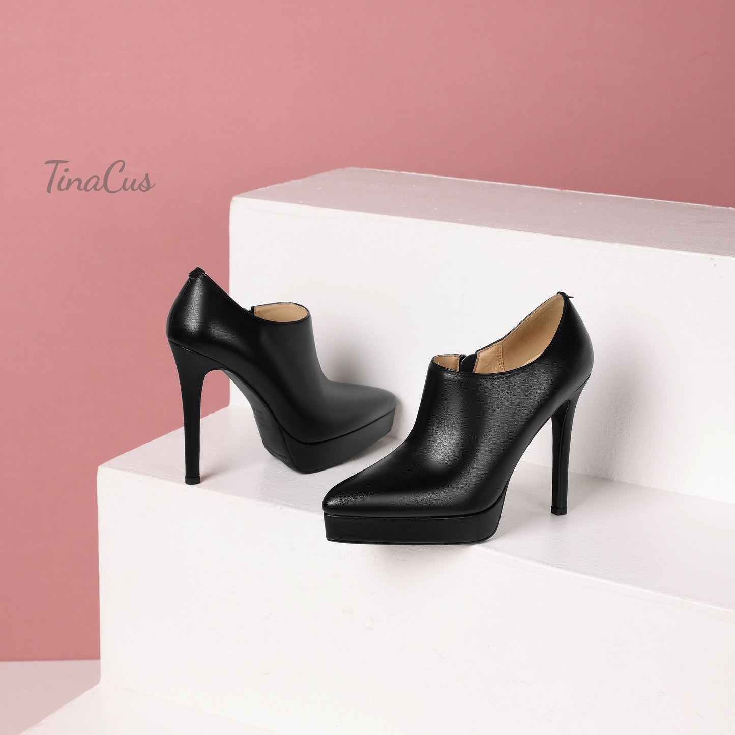 TinaCus Women's Pointed Toe Handmade Platform Stiletto High Heels Genuine Leather Zip Up Pumps Shoes