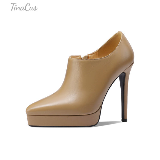 TinaCus Women's Pointed Toe Handmade Platform Stiletto High Heels Genuine Leather Zip Up Pumps Shoes
