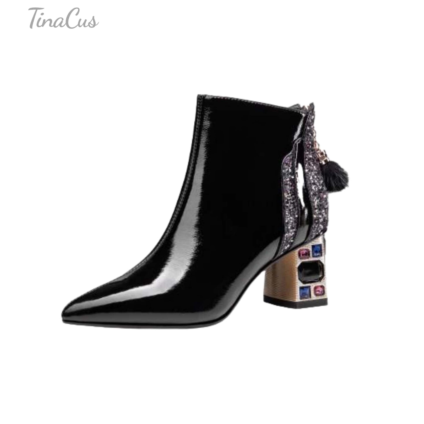 TinaCus Women's Patent Leather Handmade Crystal Mid Chunky Heel Back Zipper Pointed Toe Plus-Size Ankle Boots