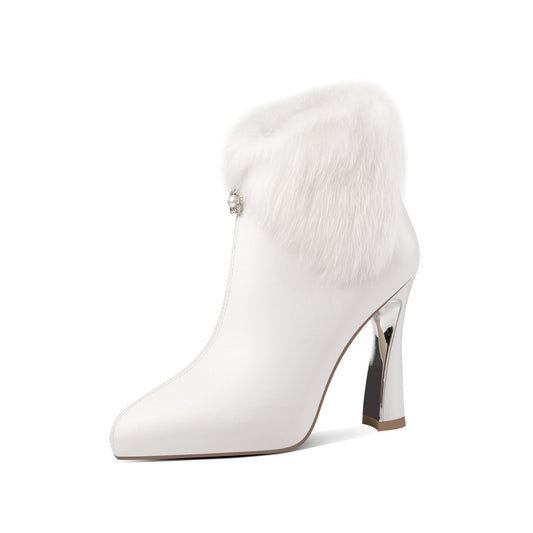 TinaCus Women's Genuine Leather Platform Pointed Toe Back Zip Up Handmade High Heel Ankle Boots with Fur