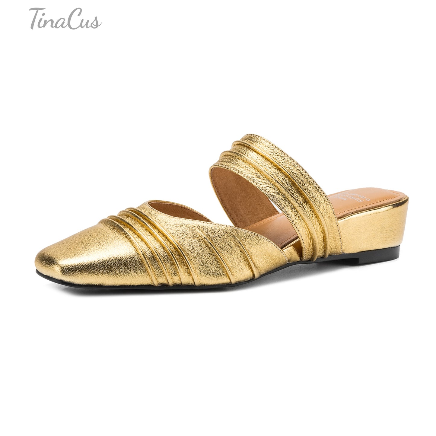 TinaCus Ruched Genuine Leather Women's Mules Handmade Square Toe Low Wedge Heel Slip On Backless Slide Sandals