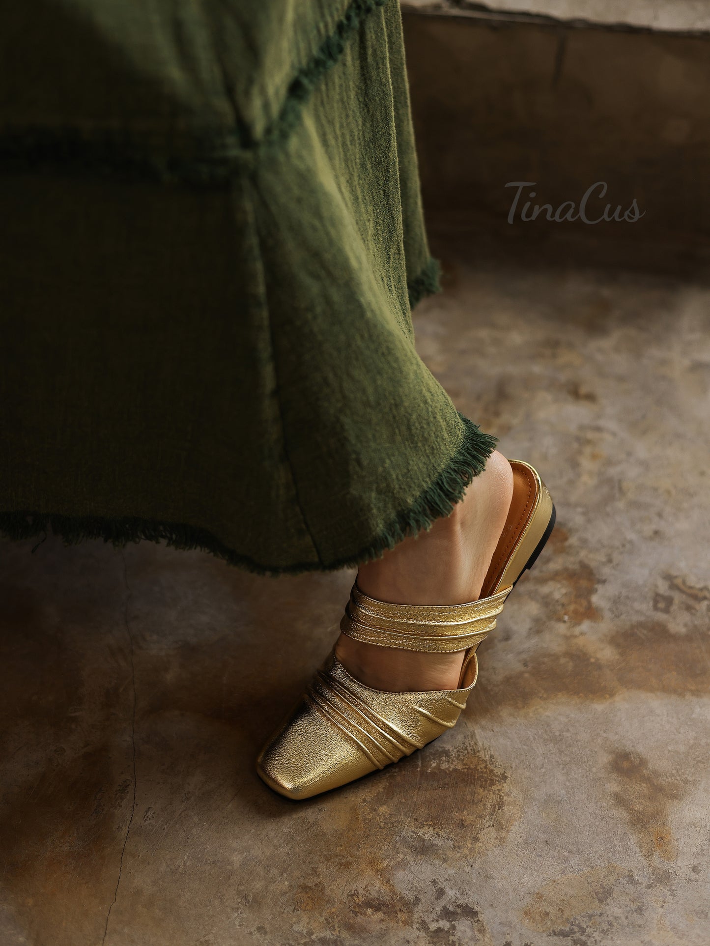TinaCus Ruched Genuine Leather Women's Mules Handmade Square Toe Low Wedge Heel Slip On Backless Slide Sandals