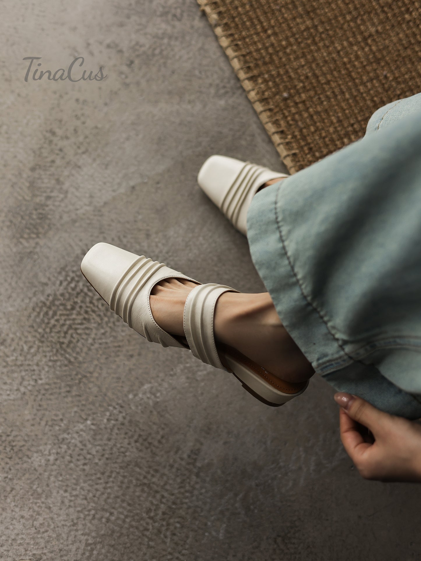 TinaCus Ruched Genuine Leather Women's Mules Handmade Square Toe Low Wedge Heel Slip On Backless Slide Sandals