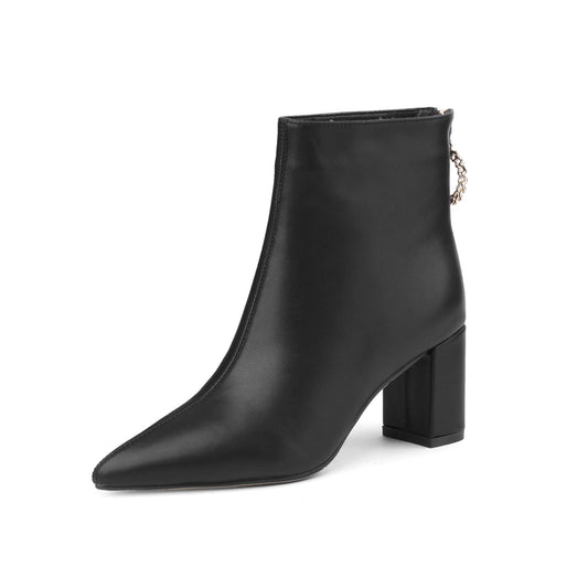 TinaCus Genuine Leather Women's Handmade Pointed Toe Chunky Heel Ring Shapped Zipper Ankle Boots