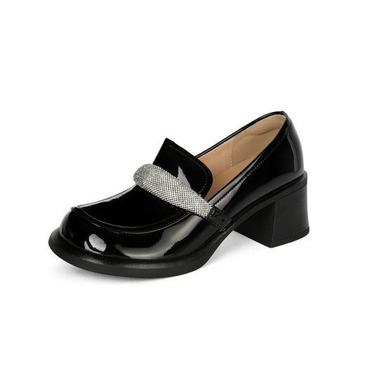 TinaCus Handmade Women's Leather Platform Rhinestones Round Toe Mid Chunky Heel Slip On Loafer Pumps Shoes