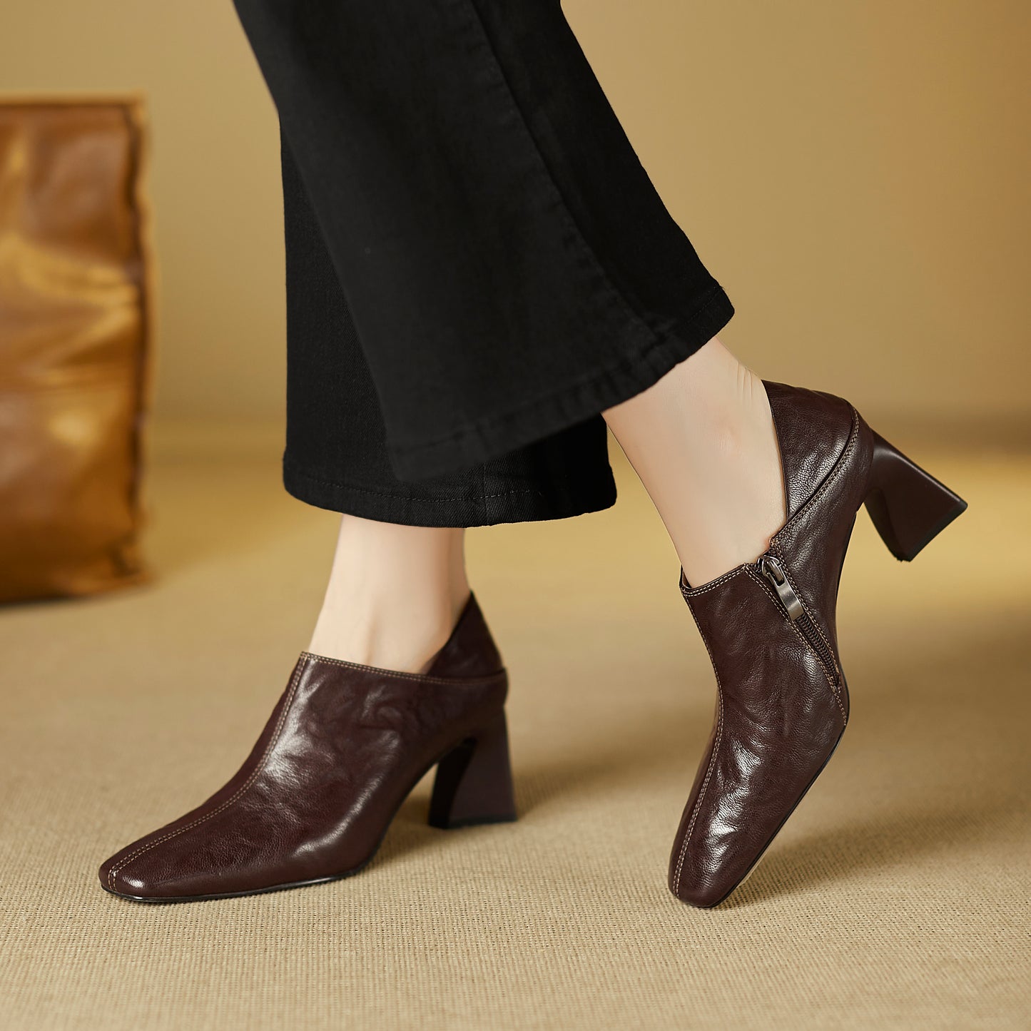 TinaCus Handmade Women's Genuine Leather Square Toe V-Cut Side Zipper Mid Block Heel Loafers Shoes