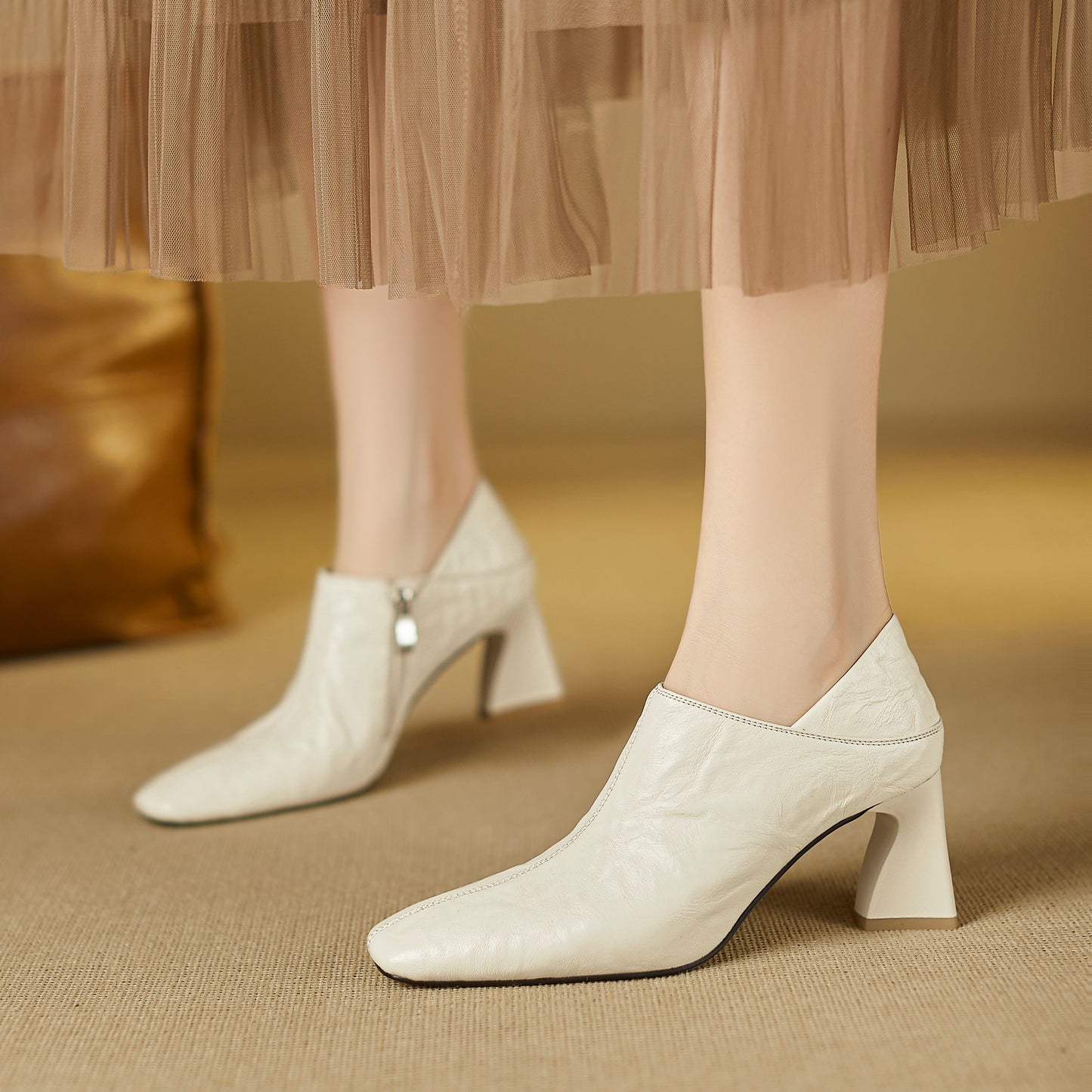 TinaCus Handmade Women's Genuine Leather Square Toe V-Cut Side Zipper Mid Block Heel Loafers Shoes