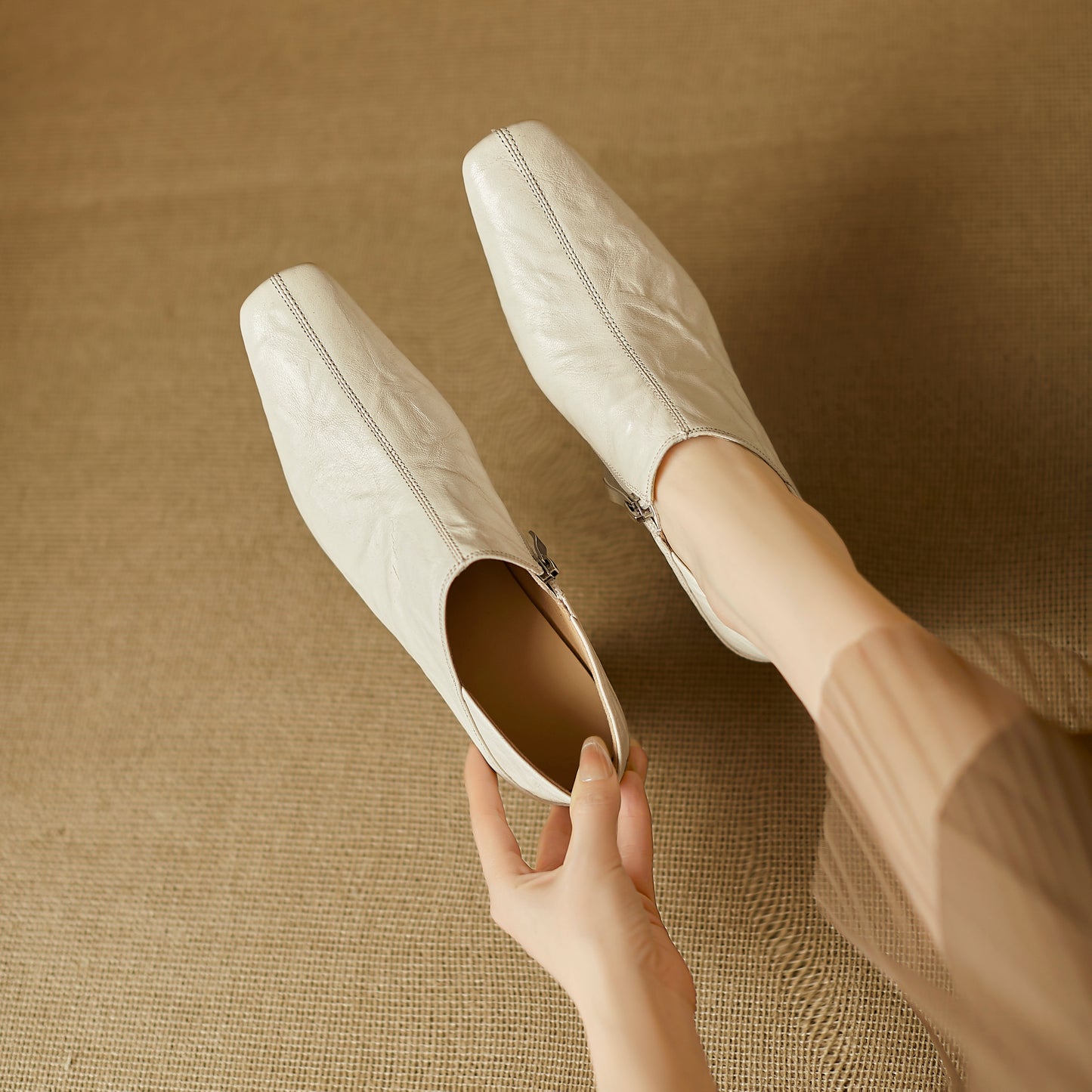 TinaCus Handmade Women's Genuine Leather Square Toe V-Cut Side Zipper Mid Block Heel Loafers Shoes