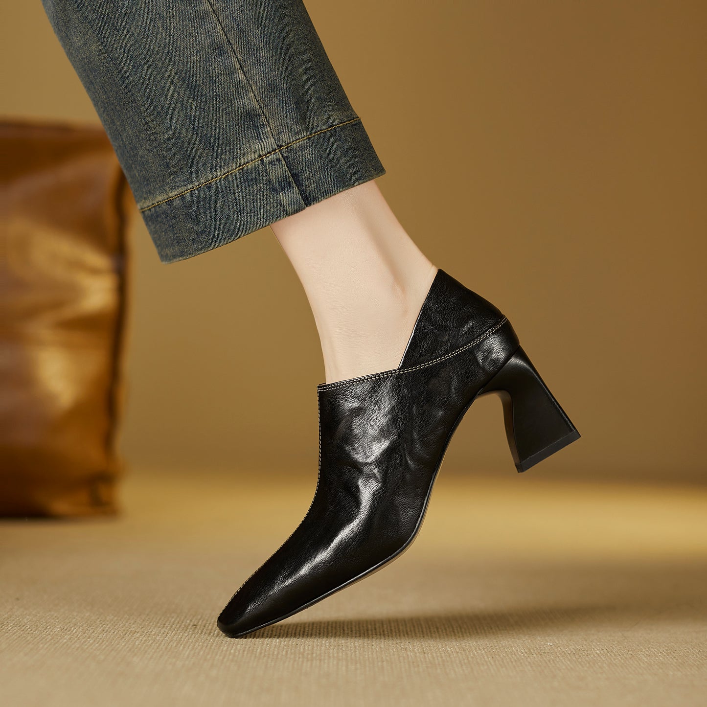 TinaCus Handmade Women's Genuine Leather Square Toe V-Cut Side Zipper Mid Block Heel Loafers Shoes