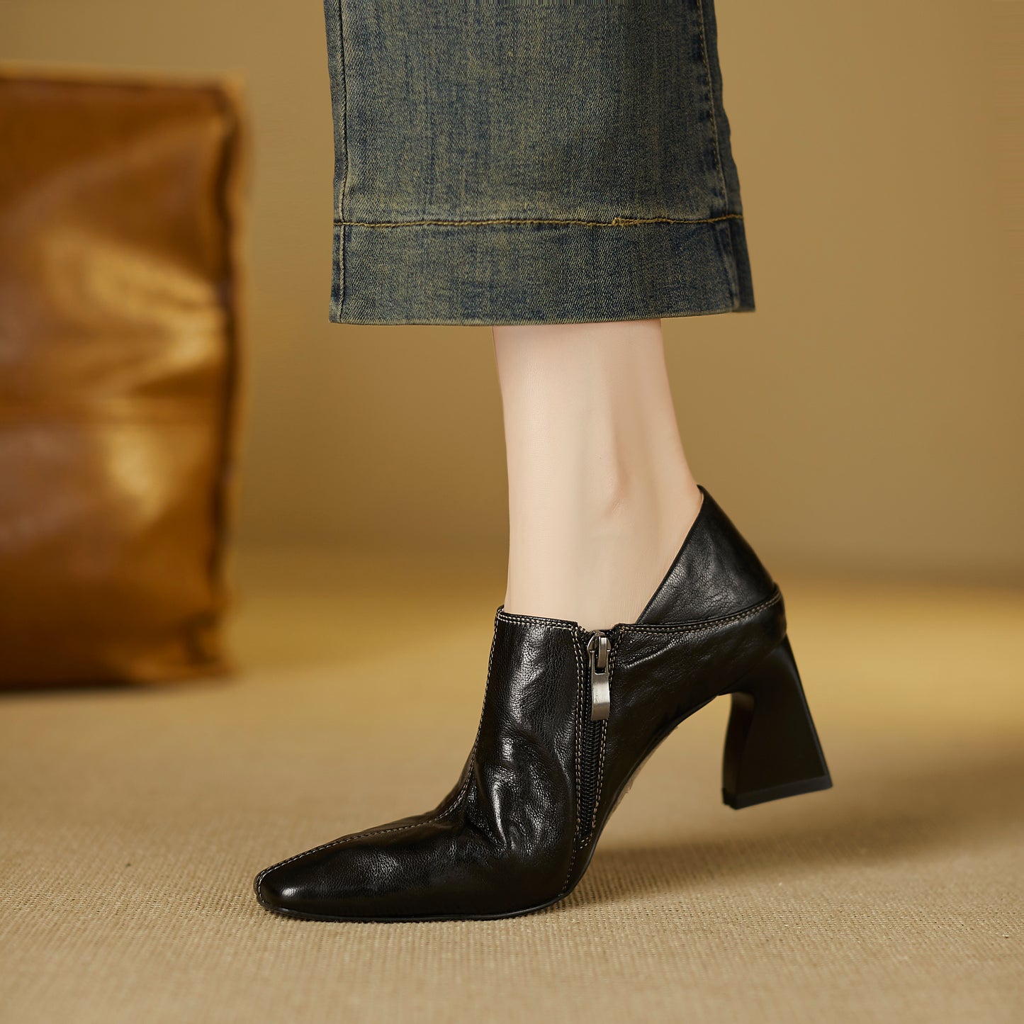 TinaCus Handmade Women's Genuine Leather Square Toe V-Cut Side Zipper Mid Block Heel Loafers Shoes