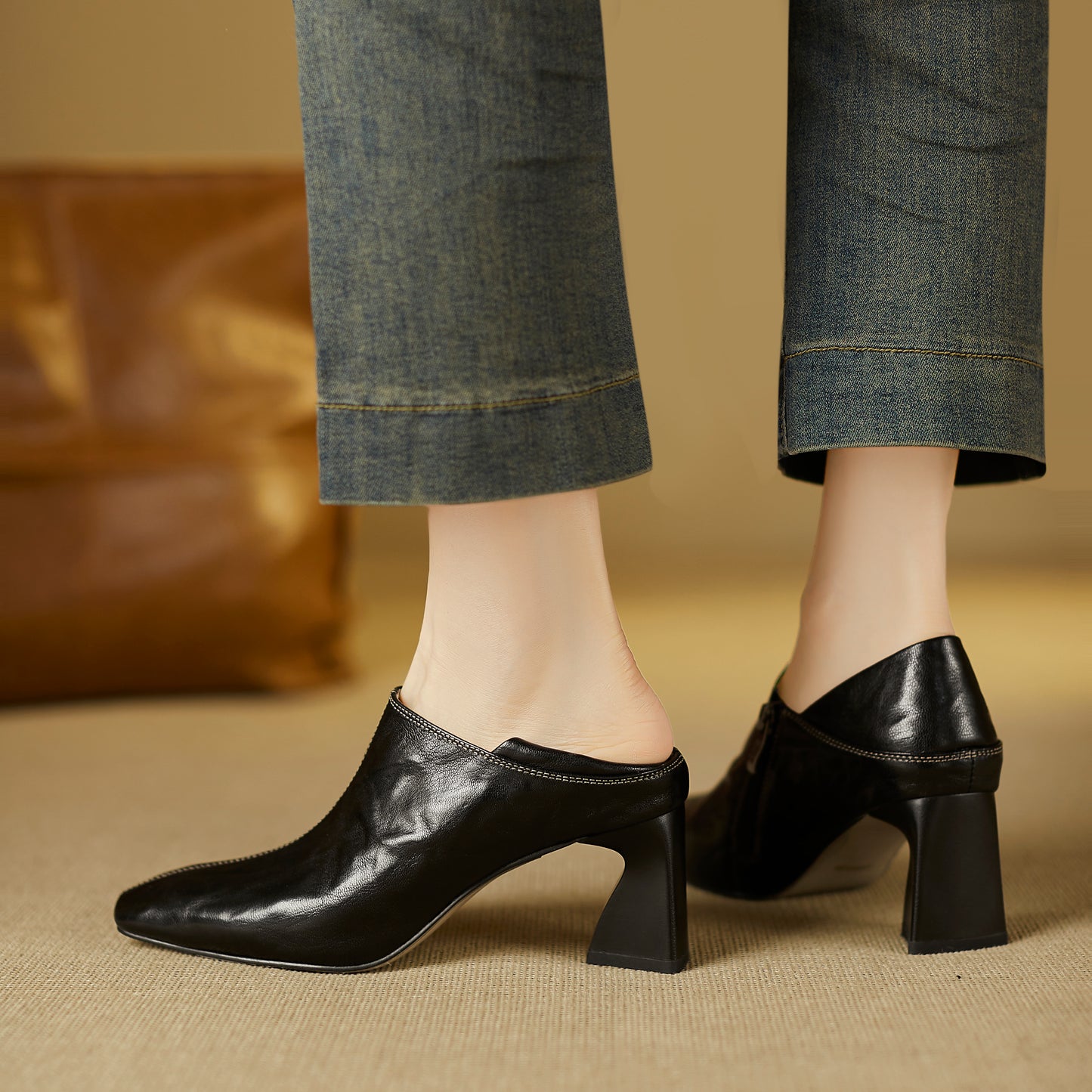 TinaCus Handmade Women's Genuine Leather Square Toe V-Cut Side Zipper Mid Block Heel Loafers Shoes