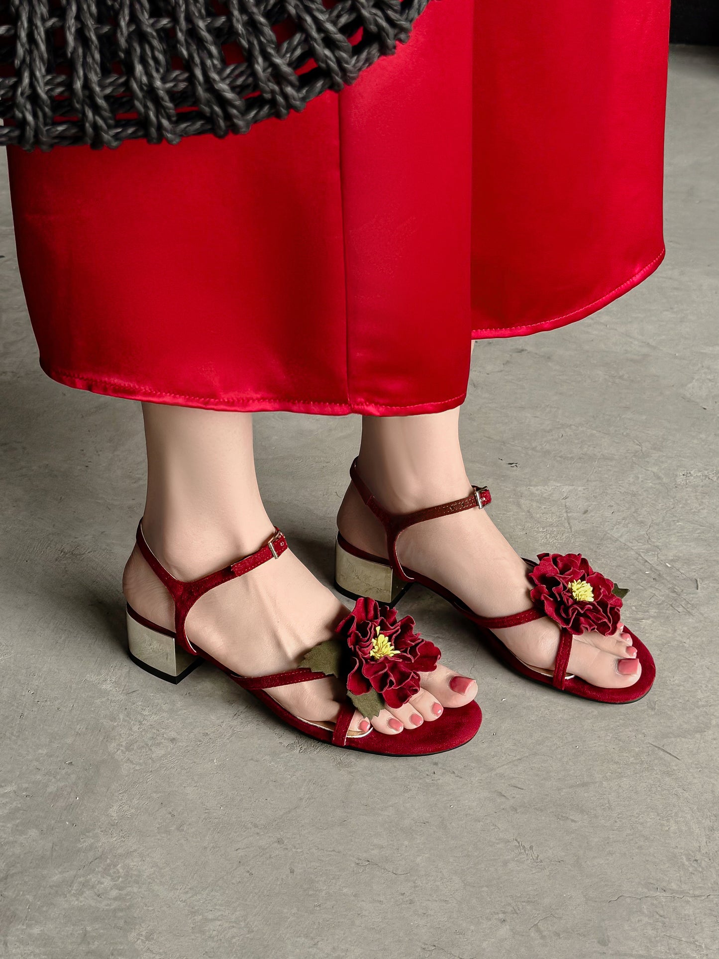 TinaCus Women's Leather Sandals Handmade Floral Chunky Heel Dress Pumps Daily Party