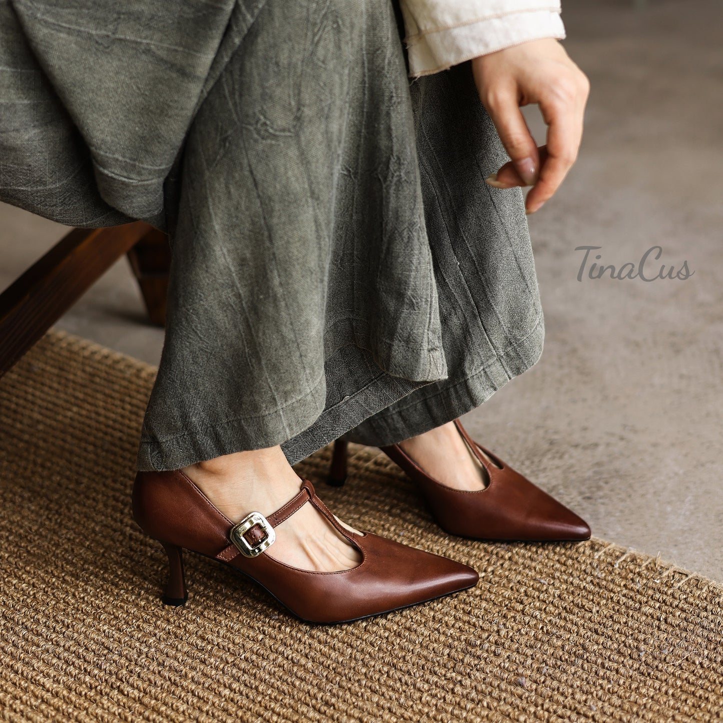 TinaCus Genuine Leather Handmade T-Strap Buckle Women's Pointed Toe Stiletto Heels Pumps Shoes