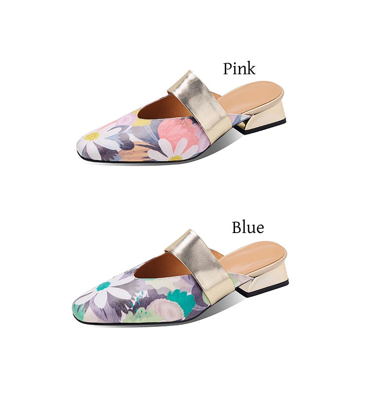 TinaCus Women's Floral Genuine Leather Strap Mules Handmade Square Toe Low Heel Backless Shoes