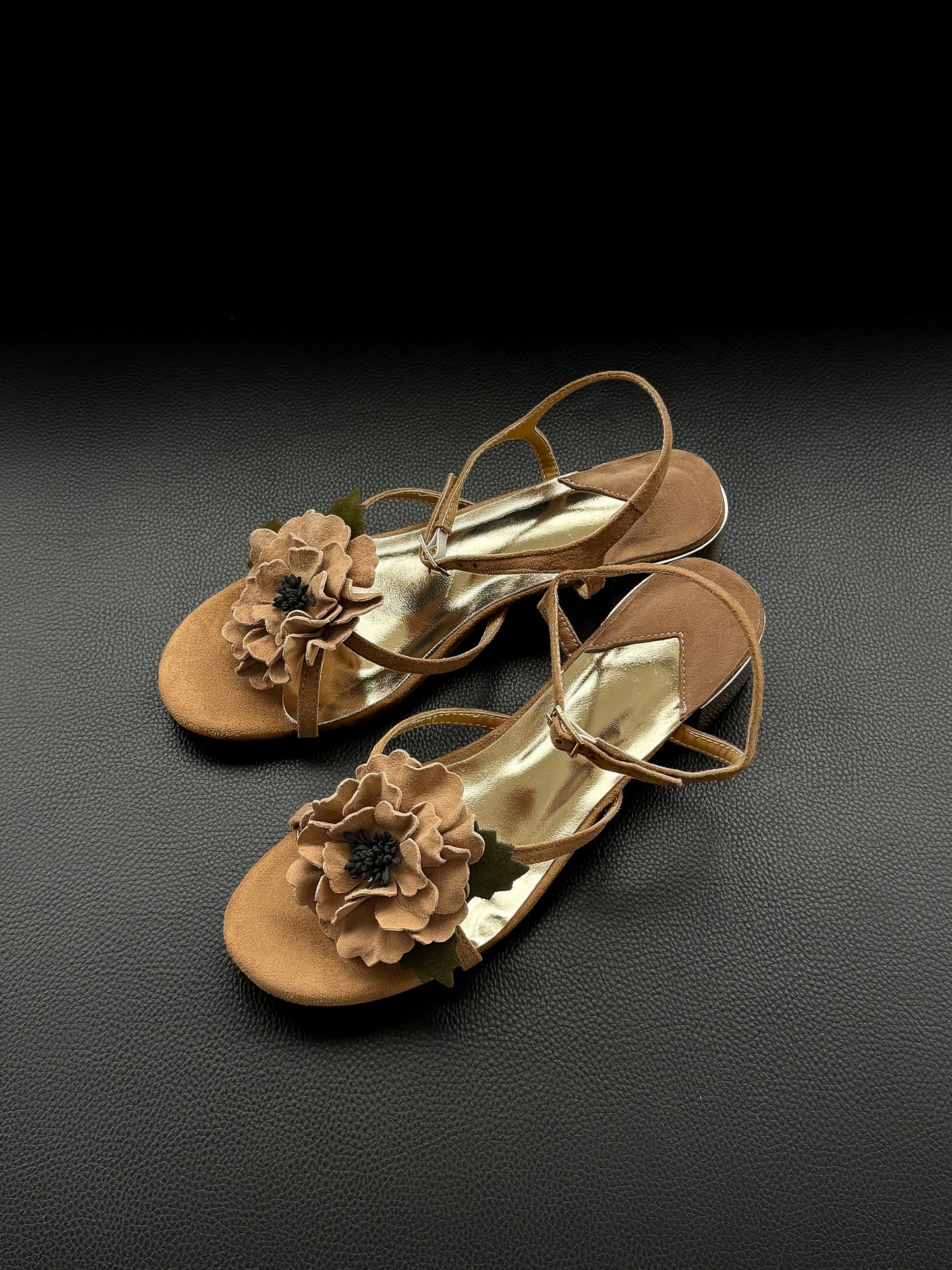 TinaCus Women's Leather Sandals Handmade Floral Chunky Heel Dress Pumps Daily Party