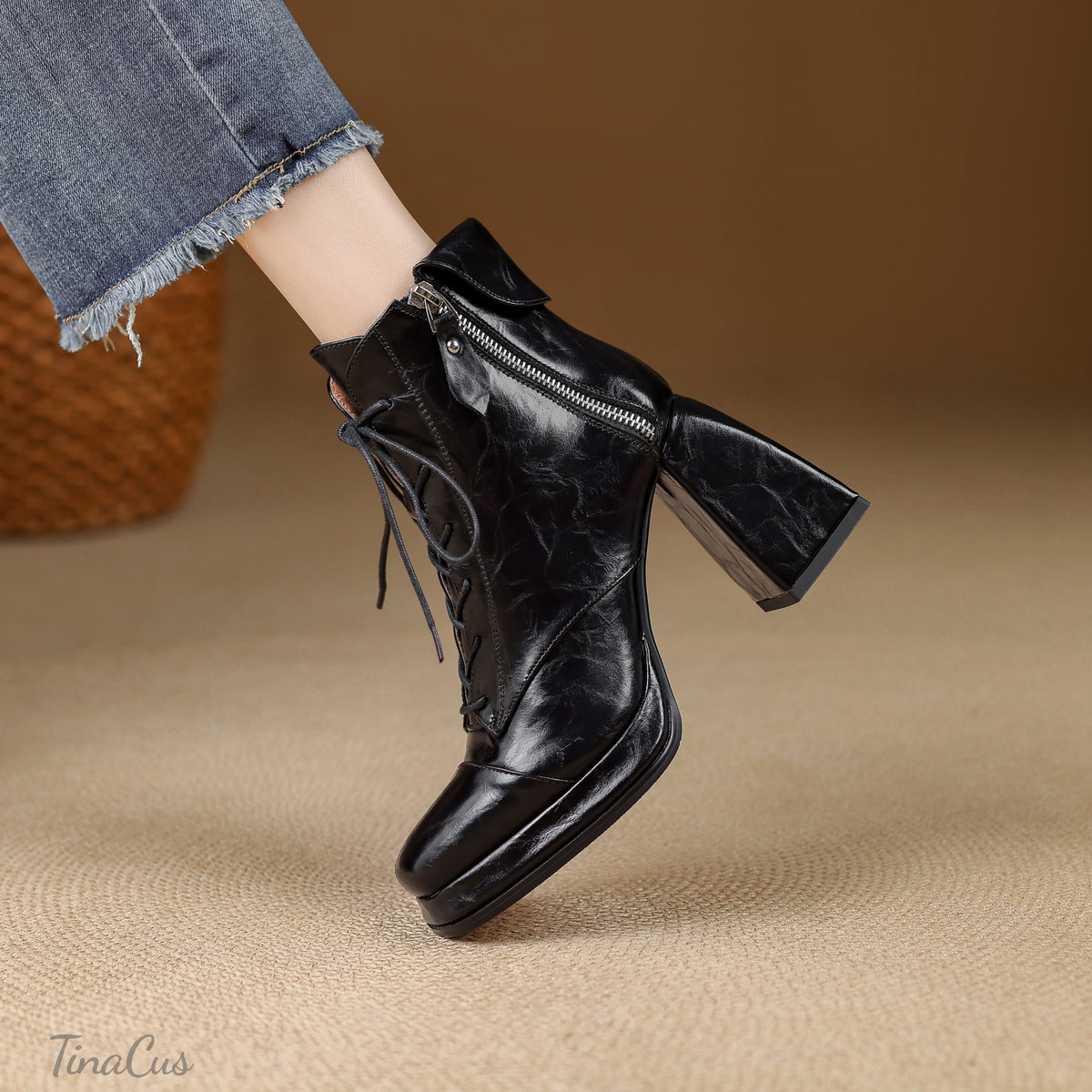 TinaCus Women’s Square Toe Platform Lace Up Combat Booties