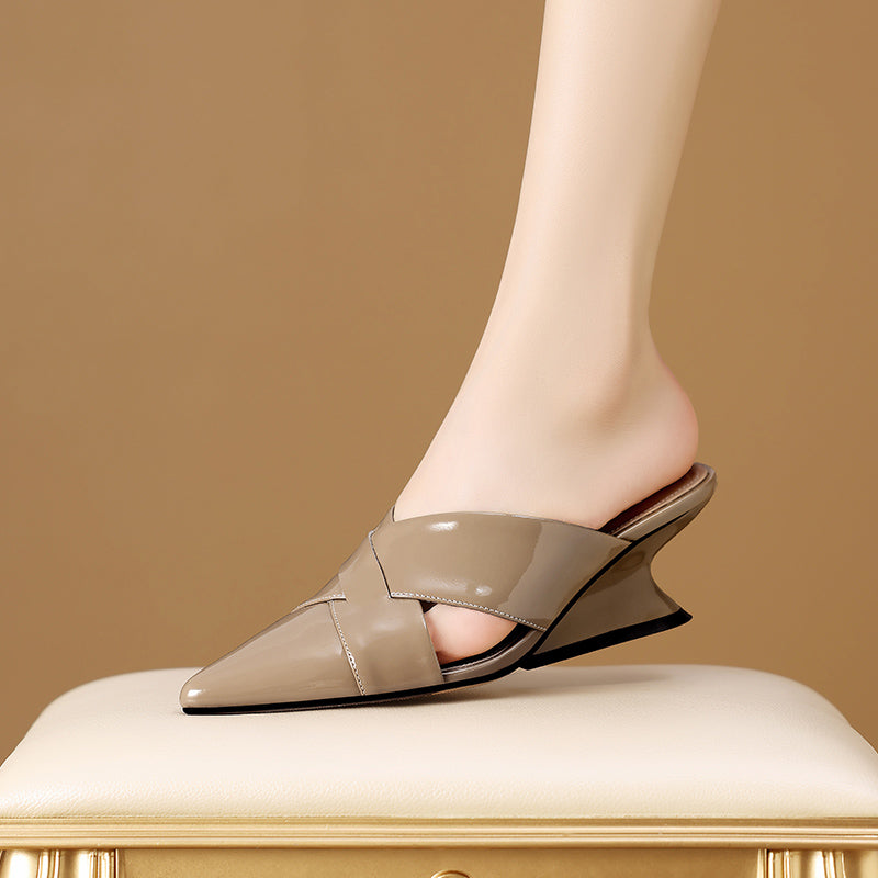 TinaCus Women's Pointed Toe Glossy Patent Leather Handmade Mid Heels Chic Sandal Slippers