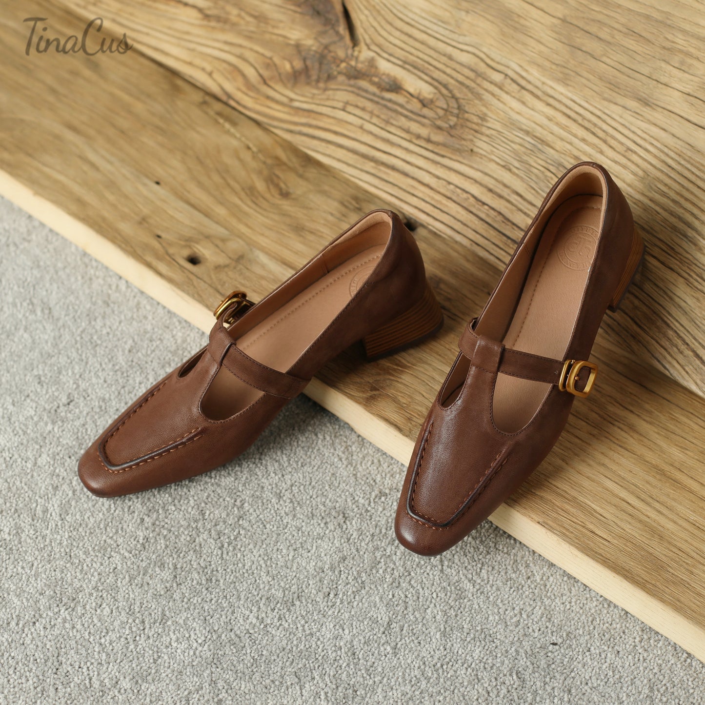 TinaCus Women's Handmade Genuine Leather Chunky Heel T-Strap Buckle Pumps