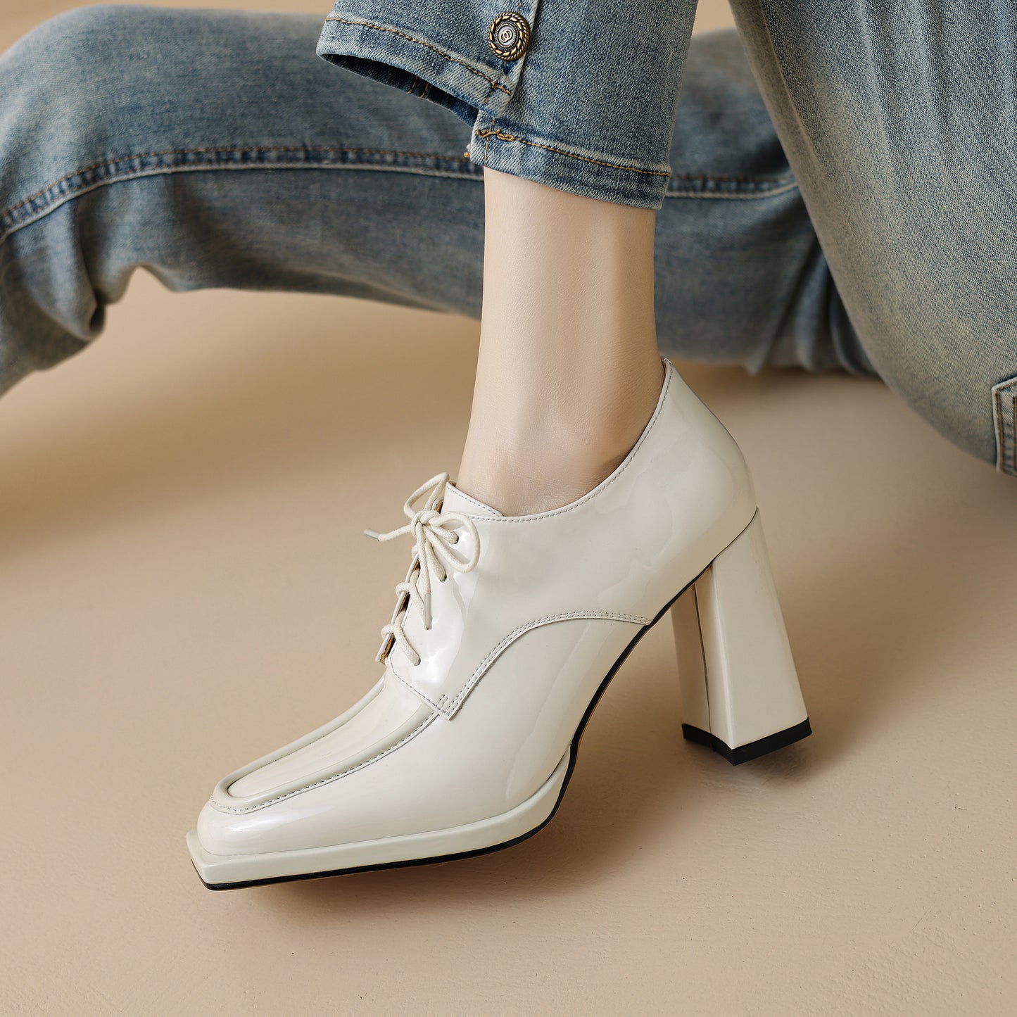TinaCus Women's Patent Leather Square Toe Lace-up High Block Heel Handmade Oxford Pumps