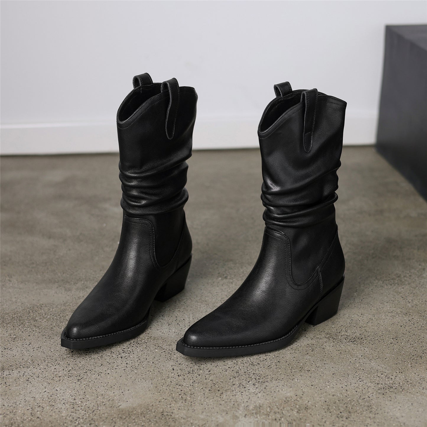 TinaCus Women's Genuine Leather Ruffle Block Heel Handmade Pointed Toe Western Mid-Calf Boots