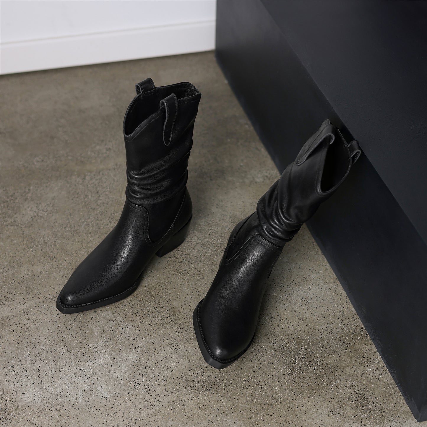 TinaCus Women's Genuine Leather Ruffle Block Heel Handmade Pointed Toe Western Mid-Calf Boots